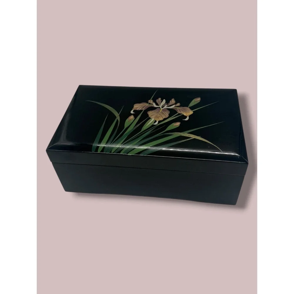 San Francisco Music Box Co Black Lacquer Iris Jewelry Box Lara's Theme Vintage